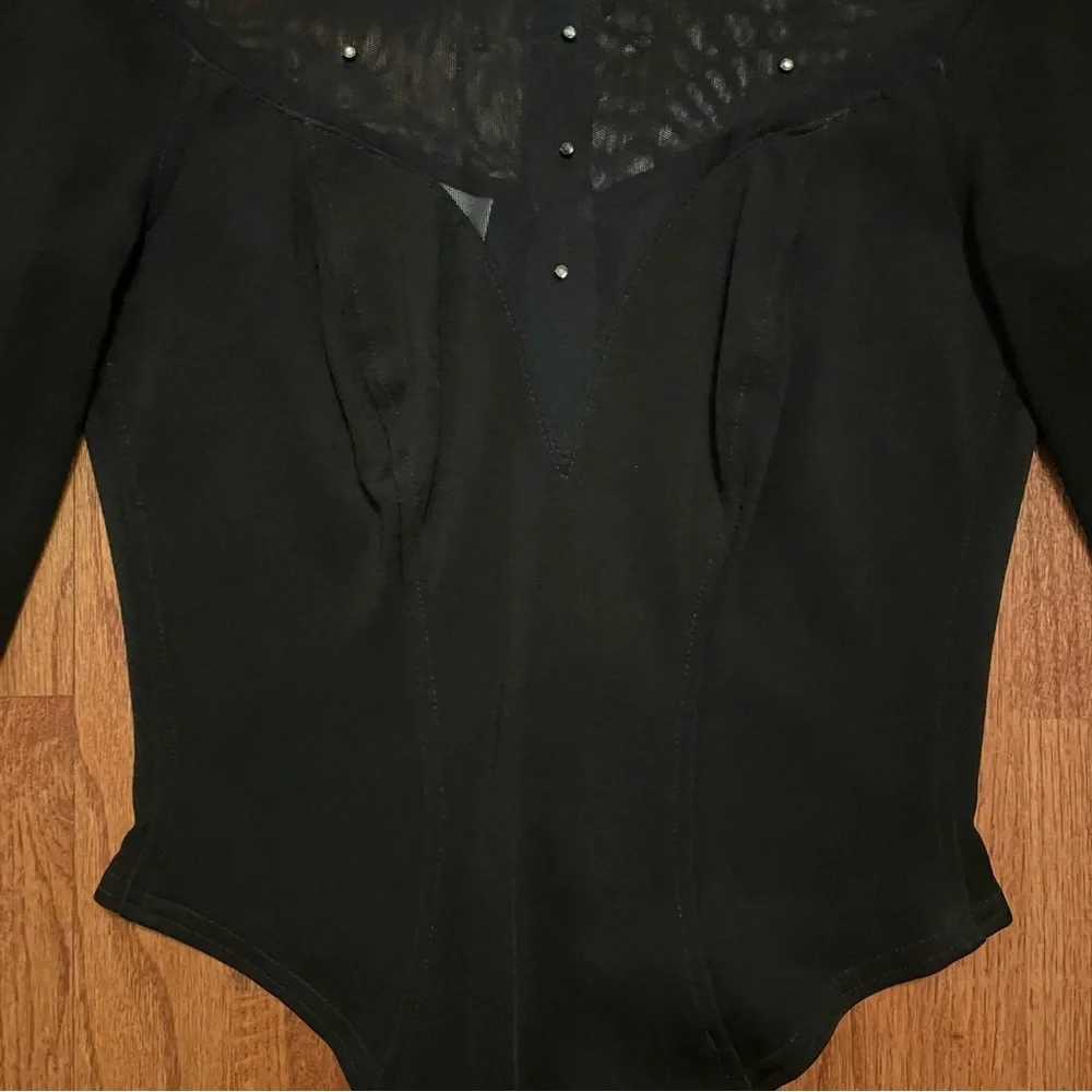 Tadashi Black Long Sleeve Rhinestone Embellished Mesh Thong Bodysuit size M - Picture 5 of 14